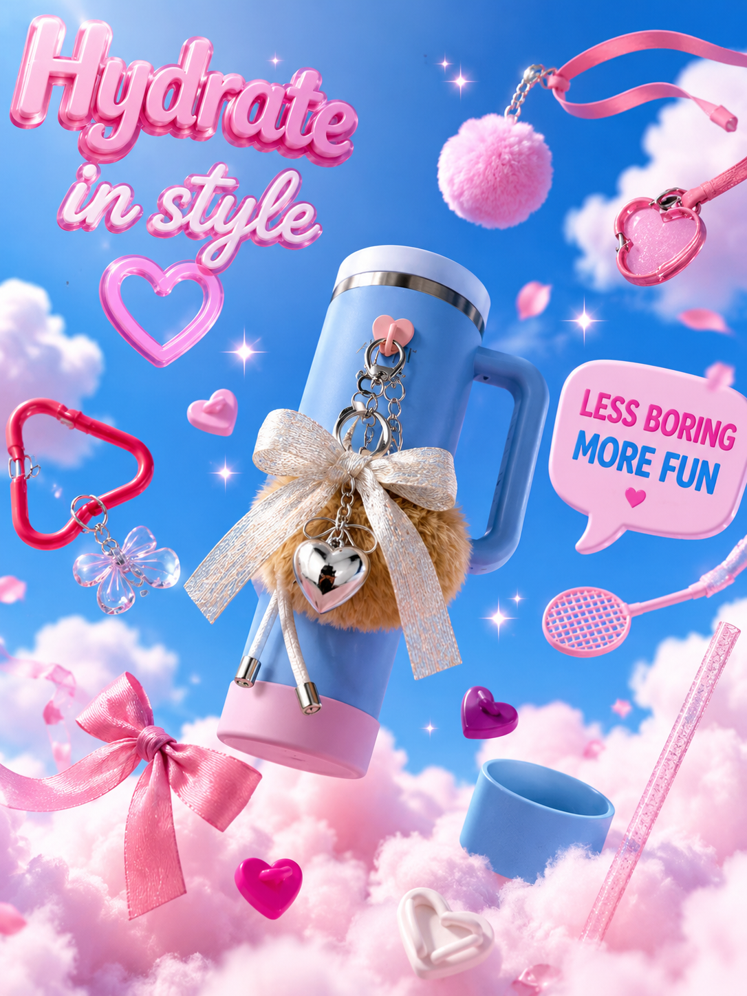 Colorful water bottle with charms on a cloud-themed background with text 'Hydrate in style' and 'Less boring more fun'.