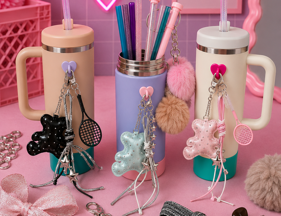 Decorative tumblers with accessories on a pink background, featuring text 'Hydrate in style' and 'Less boring more fun'.