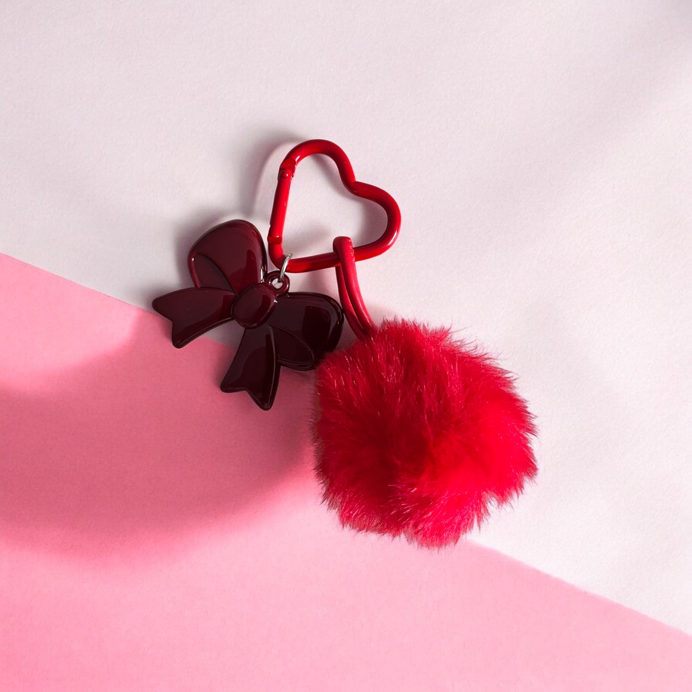 Fluffy Pom Pom Bow Charm – Cute Bag, Keychain & Tumbler Accessory RED