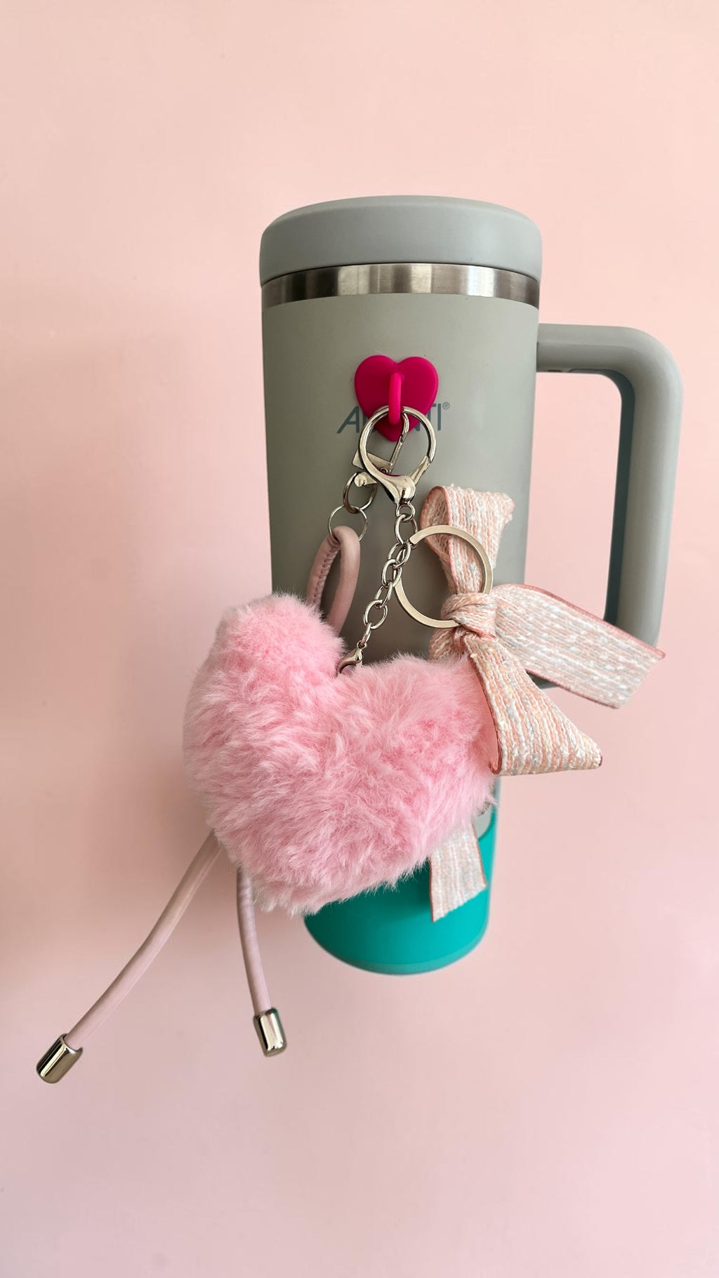 XL Fuzzy Heart Charm With Bow And Heart Charm PINK