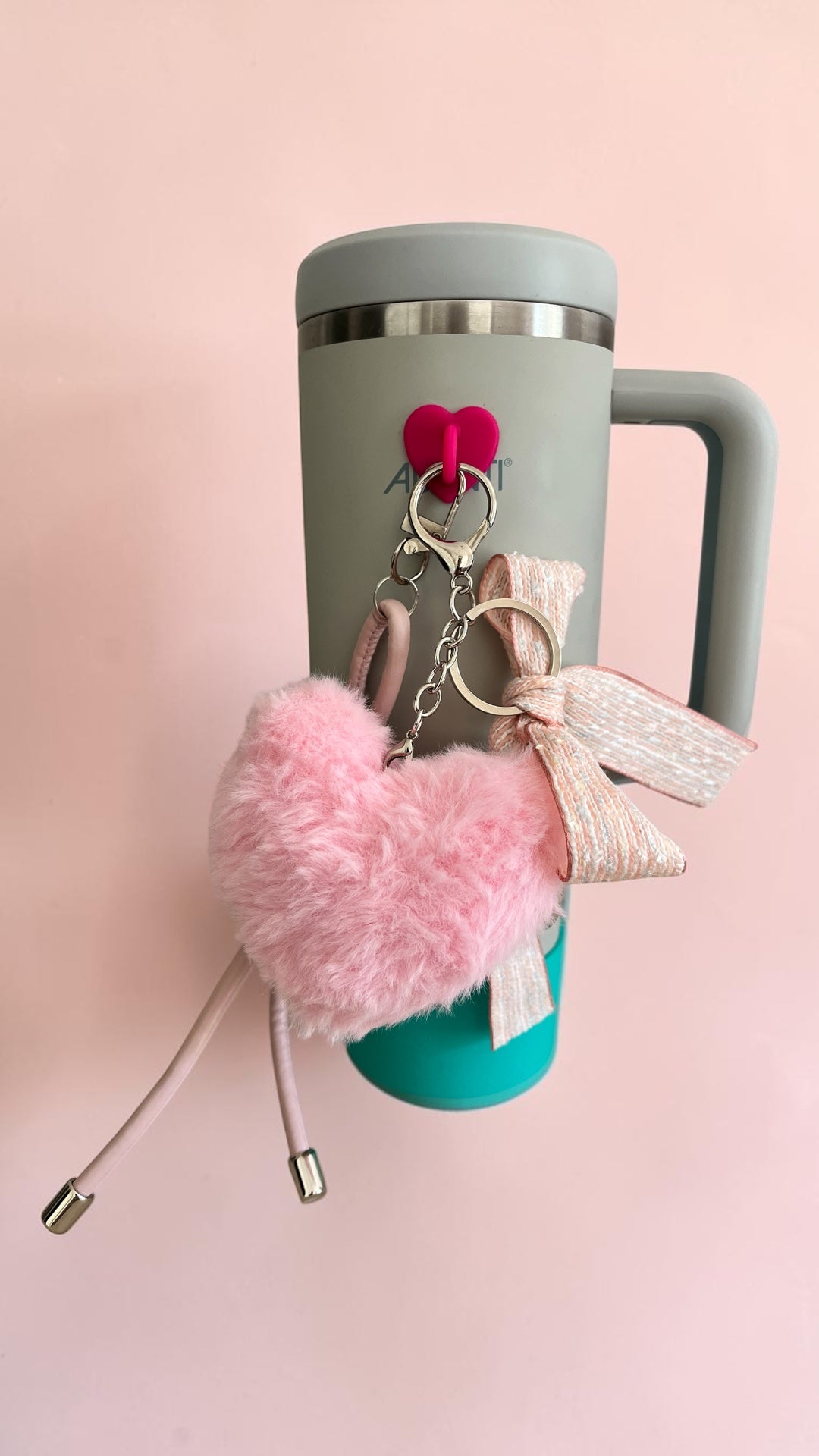 XL Fuzzy Heart Charm With Bow And Heart Charm PINK