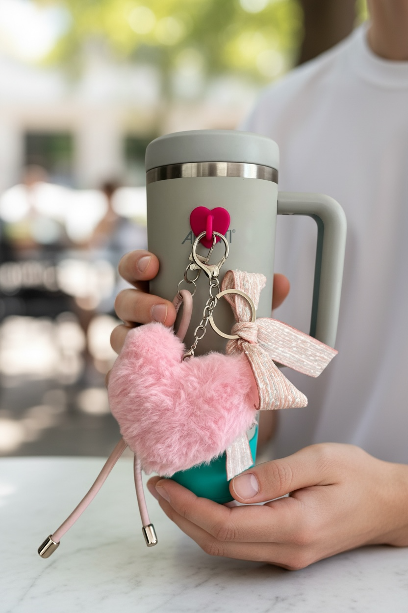 XL Fuzzy Heart Charm With Bow And Heart Charm PINK