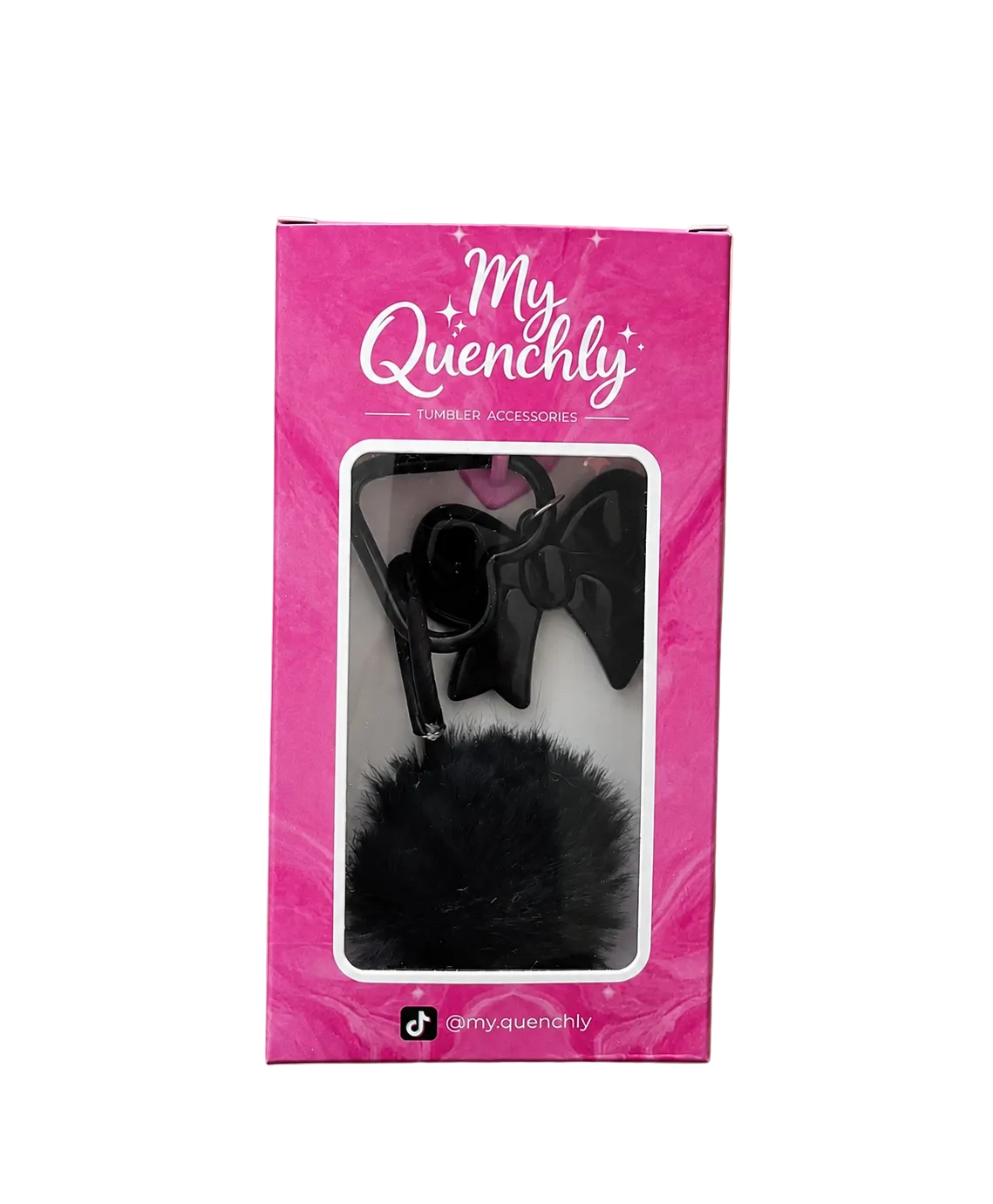 Pink packaging of 'My Quenchly' hair accessories with a black bow and fluffy accessory on a beige background.