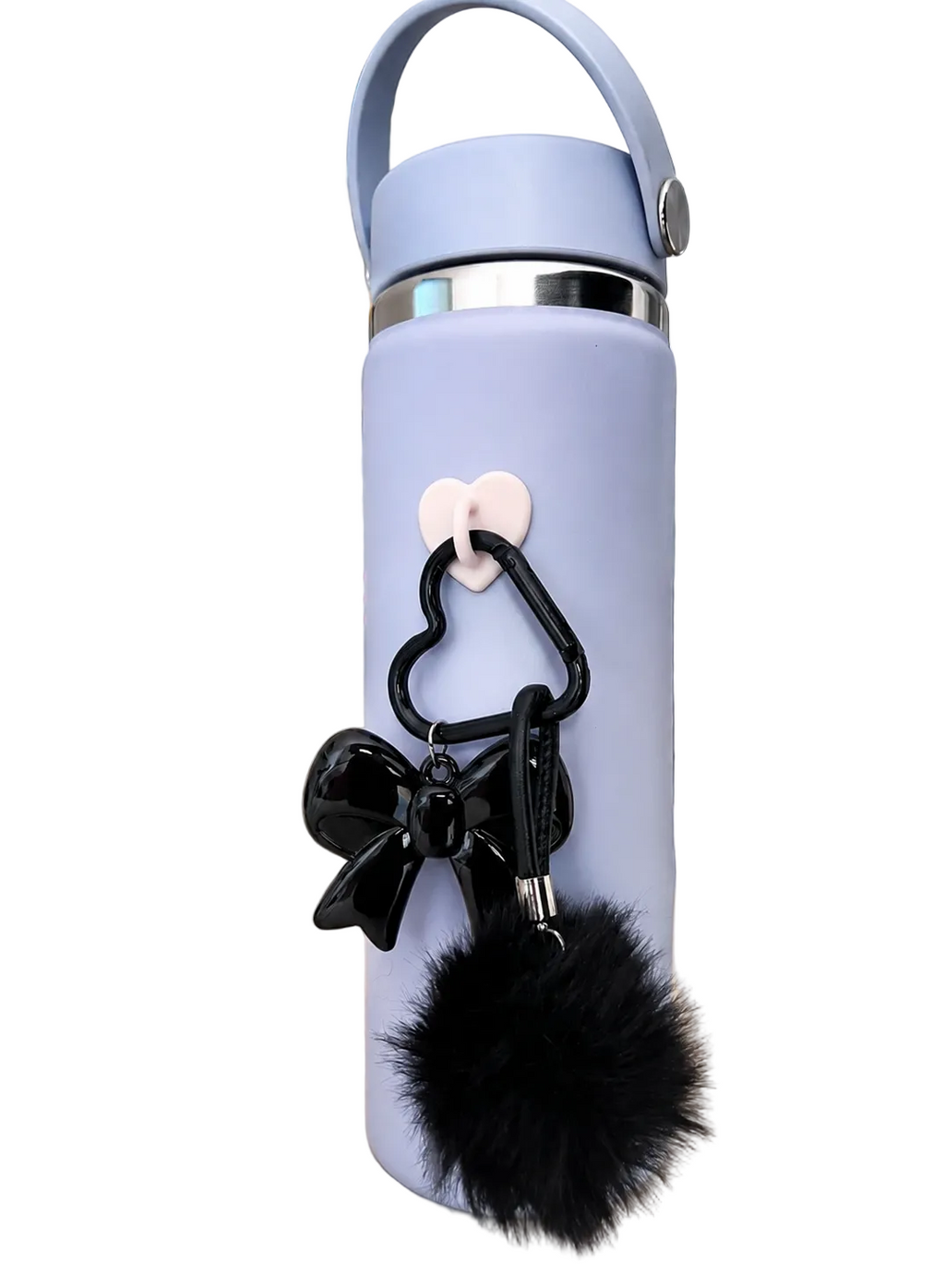 Light blue water bottle with decorative keychain on a table