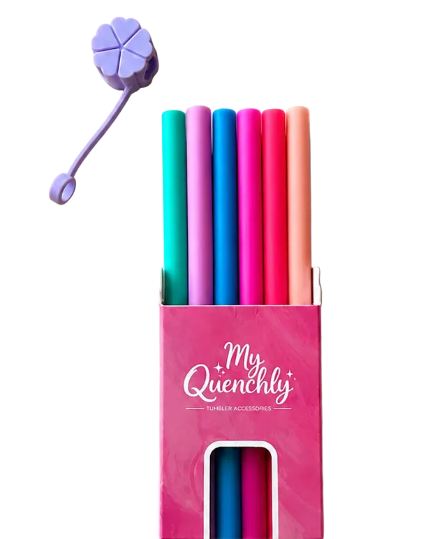 Colorful straws with pink packaging labeled 'My Quenchly' on a white background