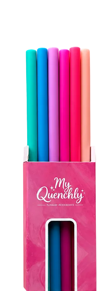 Colorful straws with pink packaging labeled 'My Quenchly' on a white background
