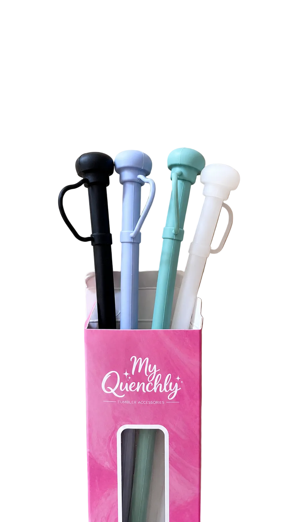 Set of four colorful straws in a pink 'My Quenchly' holder on a beige background