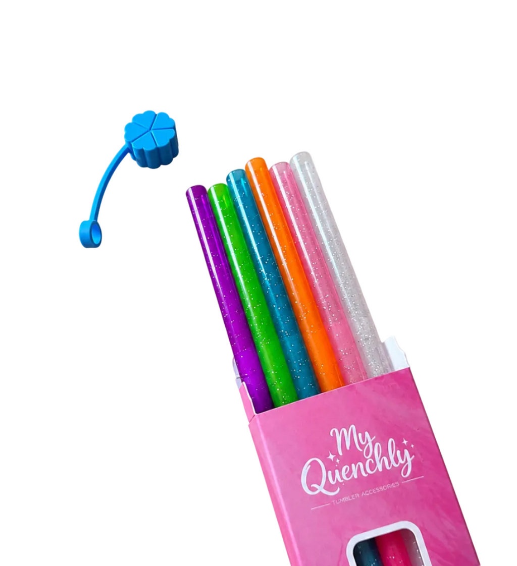Set of colorful drinking straws with a pink packaging labeled 'My Quenchly' on a white background.