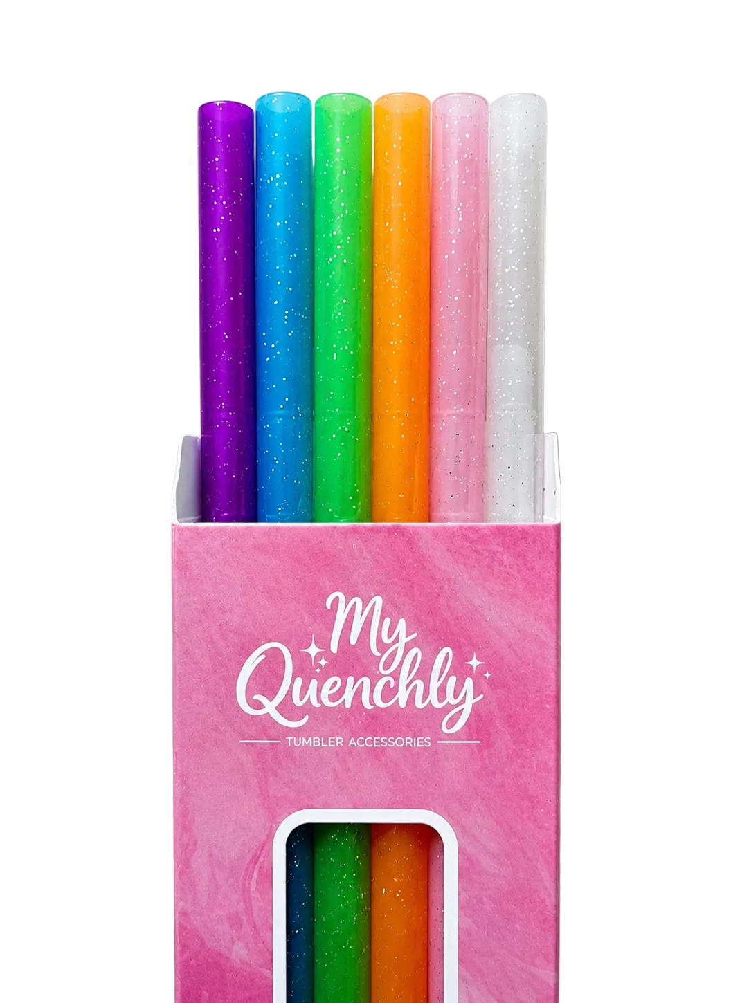 Set of colorful straws in a pink packaging with 'My Quenchly' branding on a light gray background.
