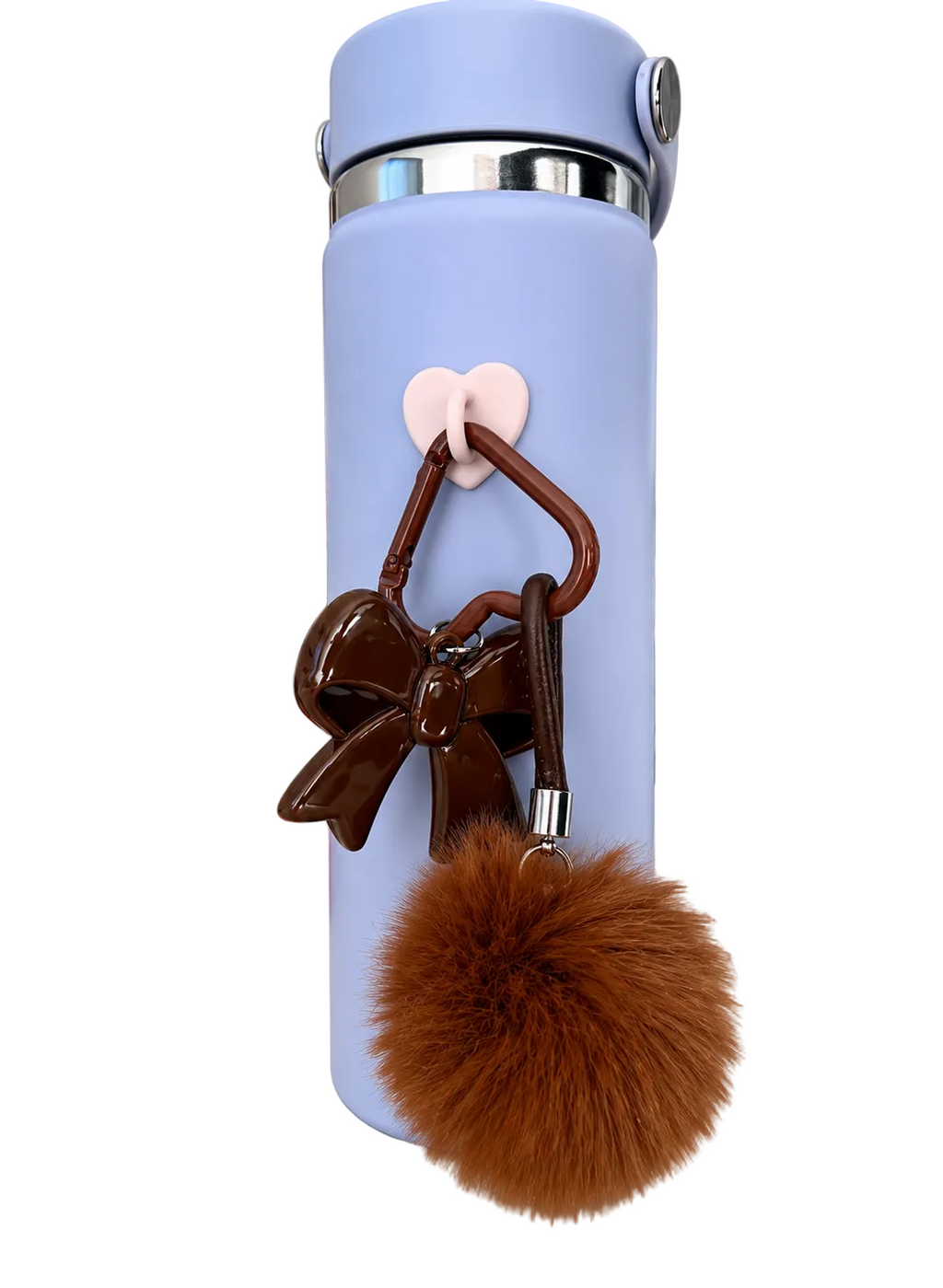 Light blue water bottle with brown bow and pom-pom keychain on a surface.