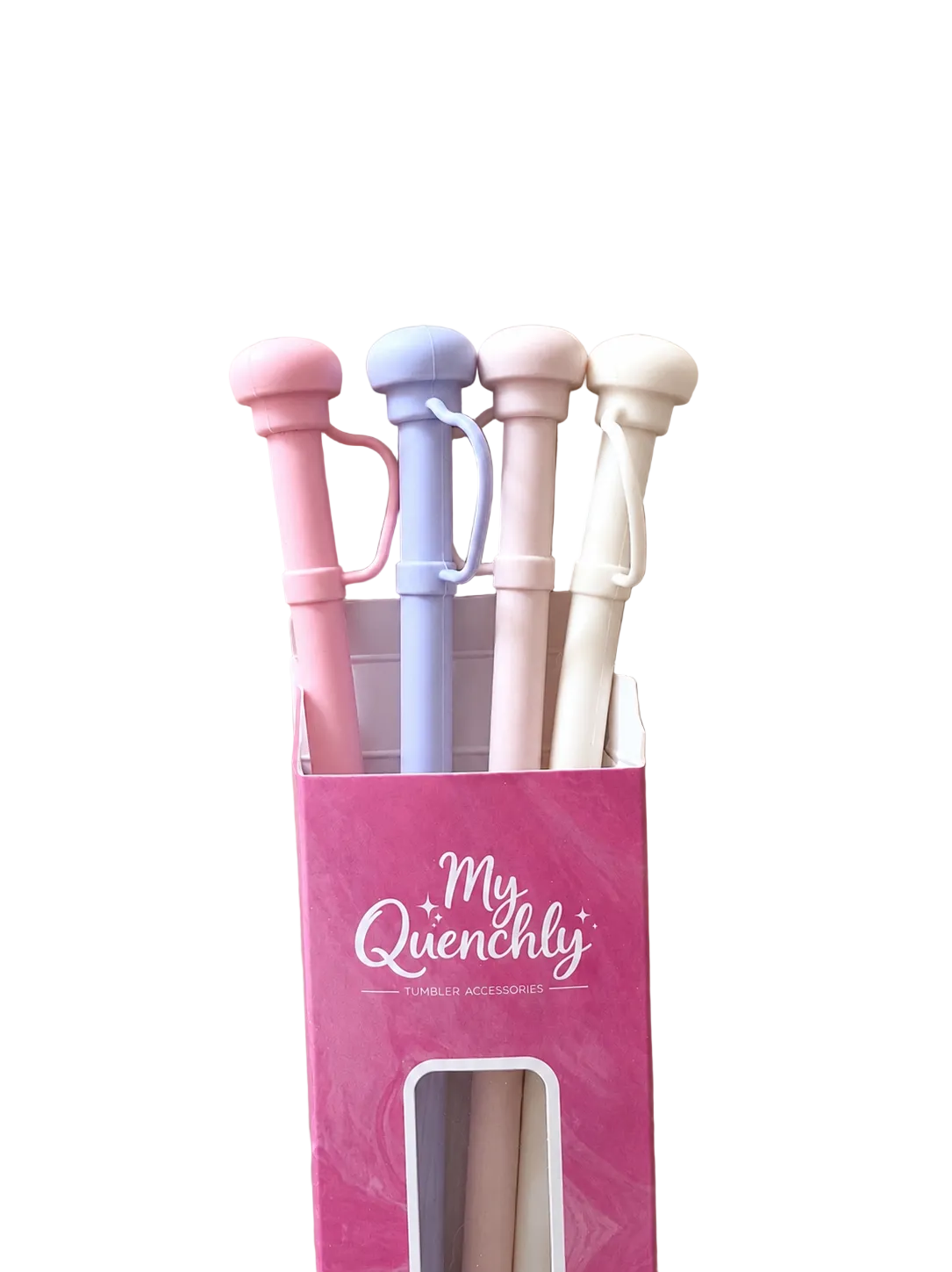 Set of colorful straws in a pink holder with 'My Quenchly' branding on a beige background