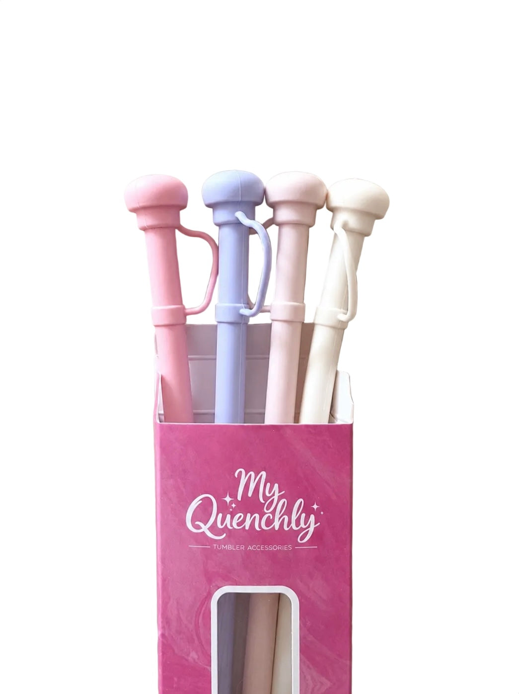 Pastel silicone straws set displayed in a box featuring pink, lavender, and cream colors.